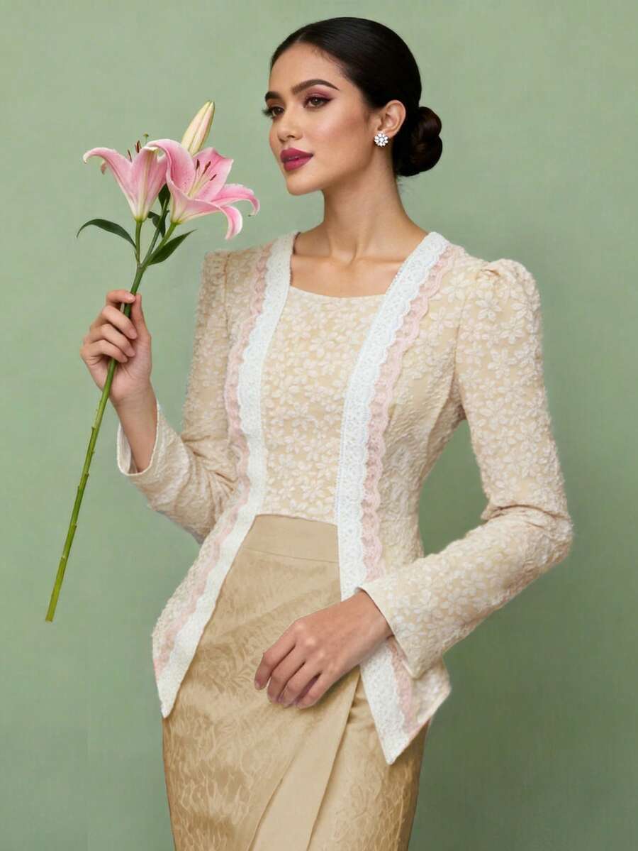 Kobayashi 女士 - 提花优雅提花蕾丝拼接长袖衬衫 - 白色 - 查看 1