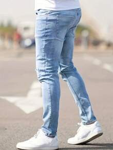 Jeans pitillo desgastados de color azul claro - Pantalones vaqueros elásticos con roturas de estilo urbano - azul claro - Ver 3