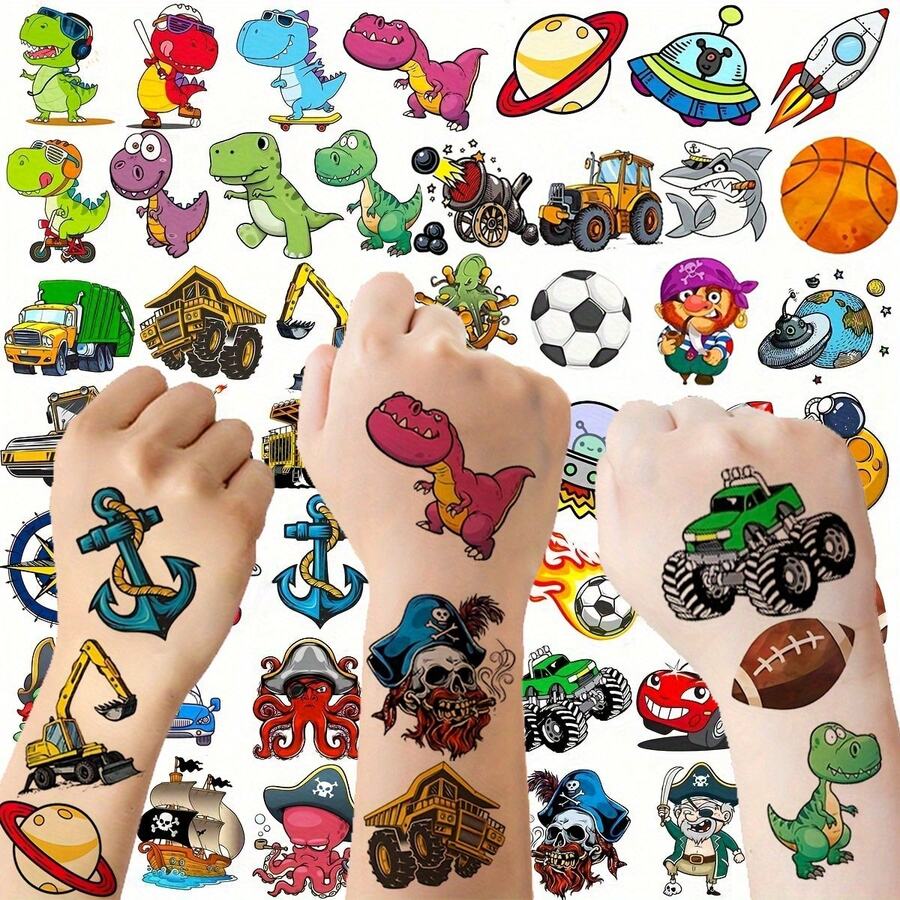 50张可爱3D卡通临时纹身贴纸，男女老少皆宜，派对装饰套装，恐龙、太空海盗、推土机、工程车等图案，趣味小纹身贴纸装饰 - 彩色 - 查看 1
