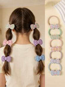12 piezas de Scrunchies de pelo con lazo y estampado a cuadros, lazos de pelo de alta elasticidad sin daños, accesorios de pelo coloridos para uso diario de niñas - Multicolor - Ver 1
