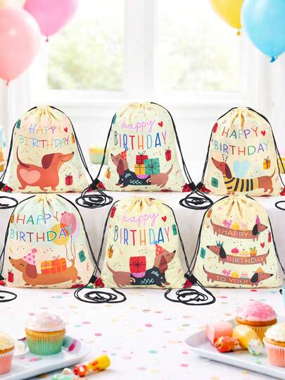 6pcs Cute Dachshund Print Drawstring Backpack, Washable Polyester,Birthday Party Gift, Packaging Supplies, Gift Bag, Reusable Bags, Gender Reveal Party Supplies,1st Birthday Table Decoration, Birthday Party Decor,Outgoing Backpack, Snack Storage Bag,Casual Style, Party Gifts