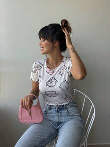 Women's Basic T-Shirt, Crew Neck,  Blouse, Printed Suplex Knit - 小貓 - 查看 3