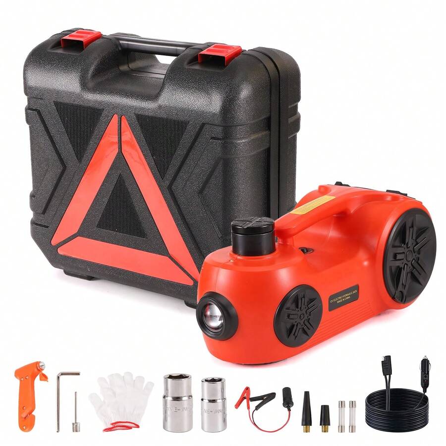 Kit de gato eléctrico para coche, (capacidad de 5 toneladas) con gato hidráulico de 12 voltios (rango de elevación: 155-450mm), tasa de flujo de aire de 33L/Min, portátil para coche SUV Sedán MPV Reemplazo de neumáticos Kit de reparación de garaje de emergencia - Rojo - Ver 1