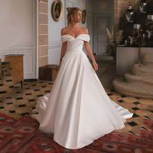 Elegant Sexy Off Shoulder Pleat A Line Satin Wedding Dress,Registry Office Dresses Bridal Gown,Evening Party Dress Birthday Party Dress Country Wedding,Romantic Church Ceremony Wedding Dress,Suitable For Wedding,Dating,Party,Singles' Party,Vacation,Formal Occasions,Dinner Dress,Prom Dress,Homecoming Dess,Cocktail Party,Wedding Guest Dress,Graduation - 白色 - 查看 5