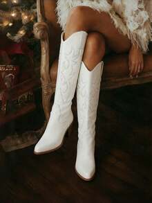 White Cowgirl Outfits For Women Boots Pointed Toe Knee High Cowboy Boots Women Pull On Zipper Chunky Heel Summer Boots Country Concert Combat Boots For Women - White - View 1