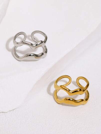 1pc Minimalist Asymmetrical Double-Layer Geometric Line Stainless Steel Open Ring, Fashionable Elegant Casual Wear For Women, Suitable For Daily, Party, And Date