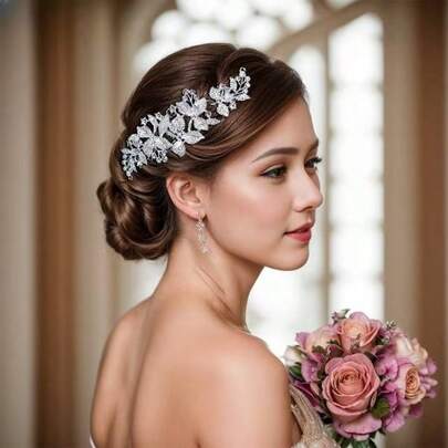 Elegant Leaf Luxury Crystal Bridal Hair Clip Comb, Wedding Ceremony Hair Accessory, Handmade Alloy Leaf Inlaid Hair Ornament - Wedding Party Hair Decoration