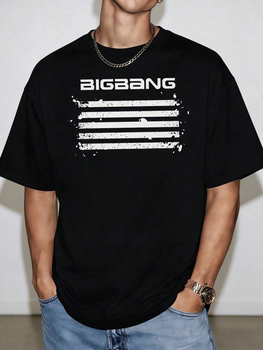 Camiseta de Algodón Oversize Vintage de 5 Rayas BIGsBANG, Mercancía para Fans de la Leyenda del K-Pop BIGsBANG - Negro - Ver 1