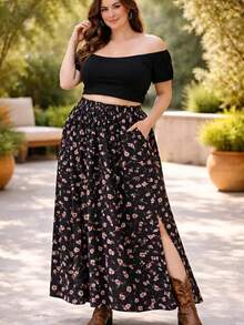Saia Plus Size Cos Elastico Fenda Lateral Com Forro E Bolsos - PRETA FLORZINHA - Visão 4