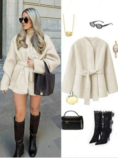 Autumn/Winter Women's Casual Wool-Like Kimono Style English Vintage V-Neck Belted Cardigan Jacket