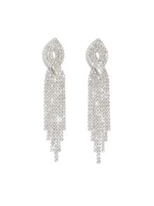 1 par de pendientes largos con flecos plateados y llenos de brillantes rhinestones para uso diario de las mujeres - 1467 - Ver 7
