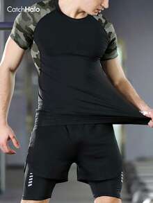 Men's Fitness Compression Shirt, Black Camouflage Sports T-Shirt, Elastic Breathable Quick-Dry, Suitable For Training, Running, Basketball And Daily Wear - 彩色 - 查看 3