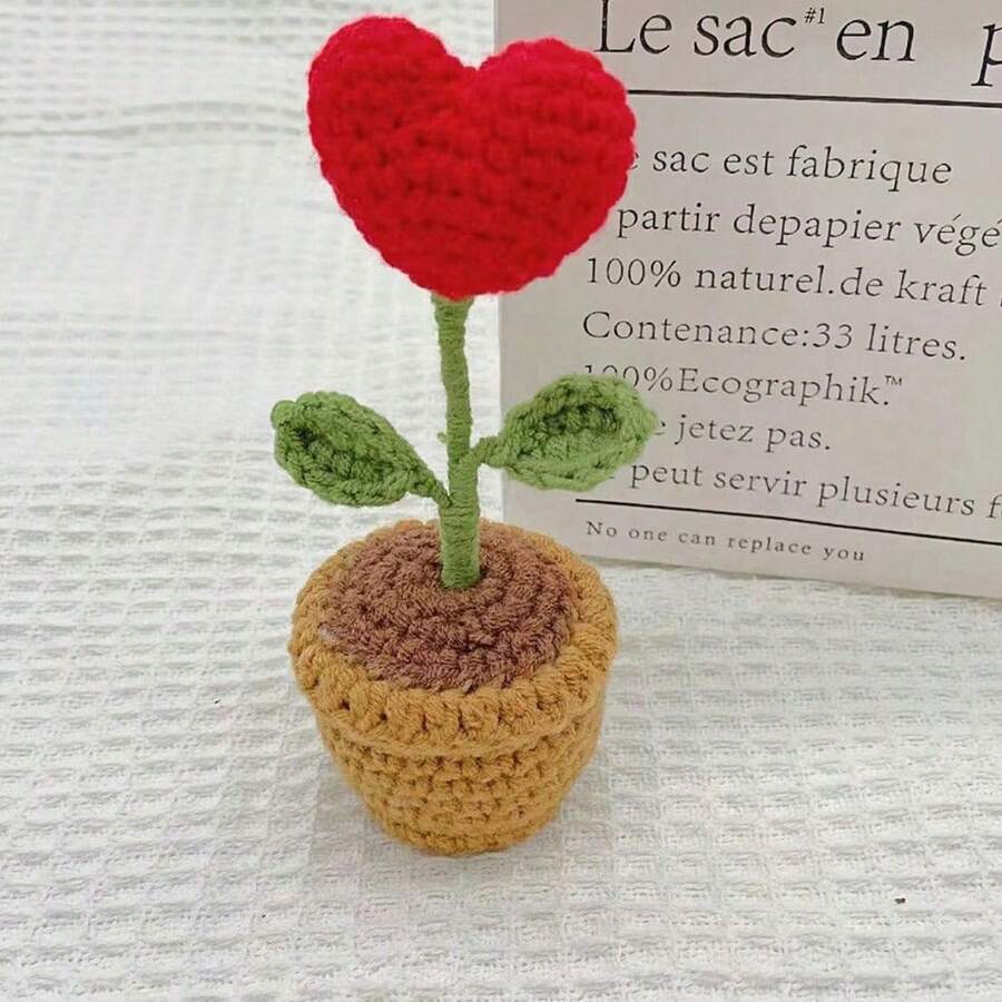 1PC Heart Shaped Handmade Knit Potted Plant, Imitation Flower Pot, Mini Ornament, Home Decor, Gift For Mother's Day, Valentine's Day, Christmas, Back To School Room Decor - 紅色 - 查看 1