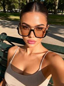 1pc Women's Copper Frame Retro Fashion Glasses, Classic All-Season Elegant Style, Suitable For Golf, Driving, Outings, Gift Choice, Outdoor Activities, Beach Parties, Street Photography, Music Festivals, Party Accessories - 1pc 黑框桔片 - 查看 2