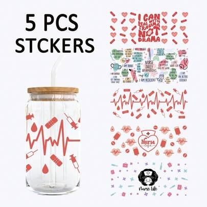 5 Adet Hemşire Hayatı Temalı UV Baskılı Bardak Etiketi, Su Geçirmez, Çizilmeye Dayanıklı 3D Kristal Etiketler, 473 ml'lik Cam Bardaklar, Kupalar, El Sanatları İçin Uygun, Kişisel Eşyaları Süslemek İçin Harika! (4,3 inç x 9,4 inç)