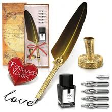 Feather Quill Pen And Ink Set – Stand & Gift Box, Golden Writing Quill And Ink Set With 5 Nibs, Patterned Anti-Slip Grip – Stainless Steel Dip Pen For Signing & Writing | Calligraphy Gift - Gold - View 1