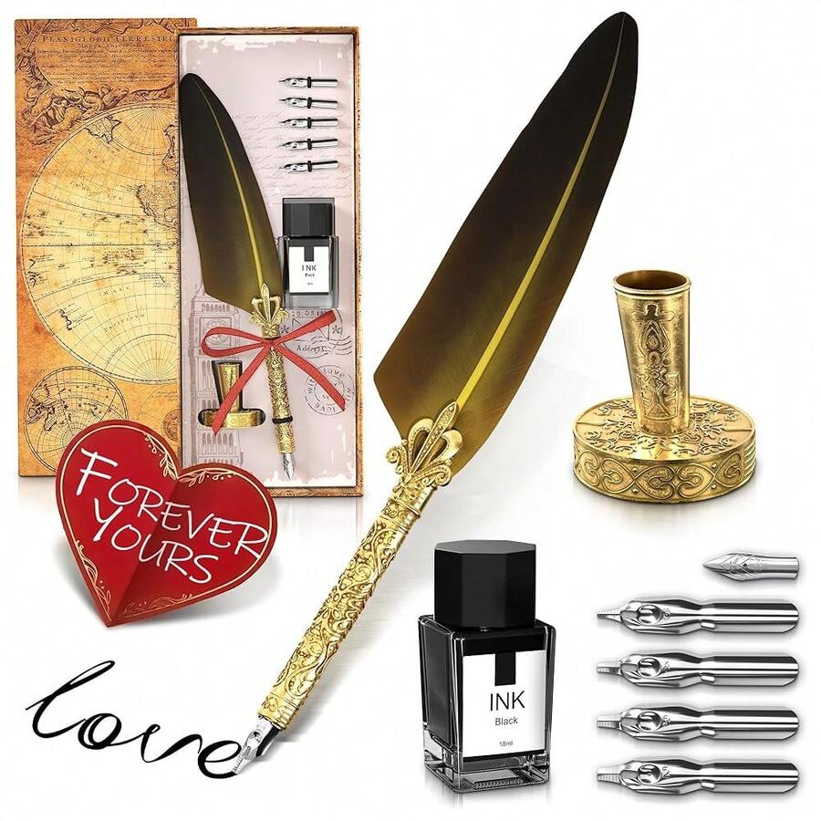 Feather Quill Pen And Ink Set – Stand & Gift Box, Golden Writing Quill And Ink Set With 5 Nibs, Patterned Anti-Slip Grip – Stainless Steel Dip Pen For Signing & Writing | Calligraphy Gift - Gold - View 1