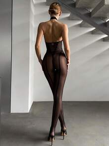 Sexy Halter Neck, Backless, See-Through, One-Piece Pantyhose With Metallic Embellishments, Slim-Fitting And Sexy Bodysuit - Black - View 8