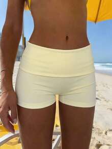 Quần short nữ Vaiaye màu trơn, dáng ôm vừa vặn, cạp thấp, kiểu dáng tối giản, phù hợp cho mùa hè, phong cách boho, đi biển, dự tiệc và mặc hàng ngày. - Màu vàng - Xem 3