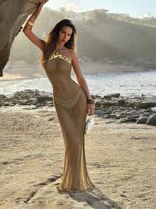 女士新款夏季沙滩度假网纱镂空罩衫连衣裙，胸前亮片装饰，无袖系领长款连衣裙，性感露背修身设计，波西米亚风格，适合沙滩度假、沙滩派对、音乐节、假日约会、户外旅行 - 棕色 - 查看 2