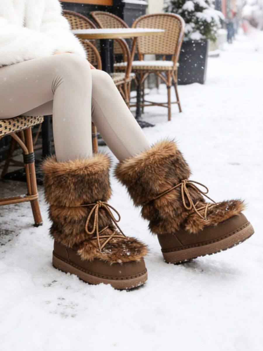 Faux Fur Boots For Women Winter Snow Boots Platform Lace Up Round Toe Boots Warm Snow Shoes Fluffy Winter Boots - 棕色3 - 查看 1