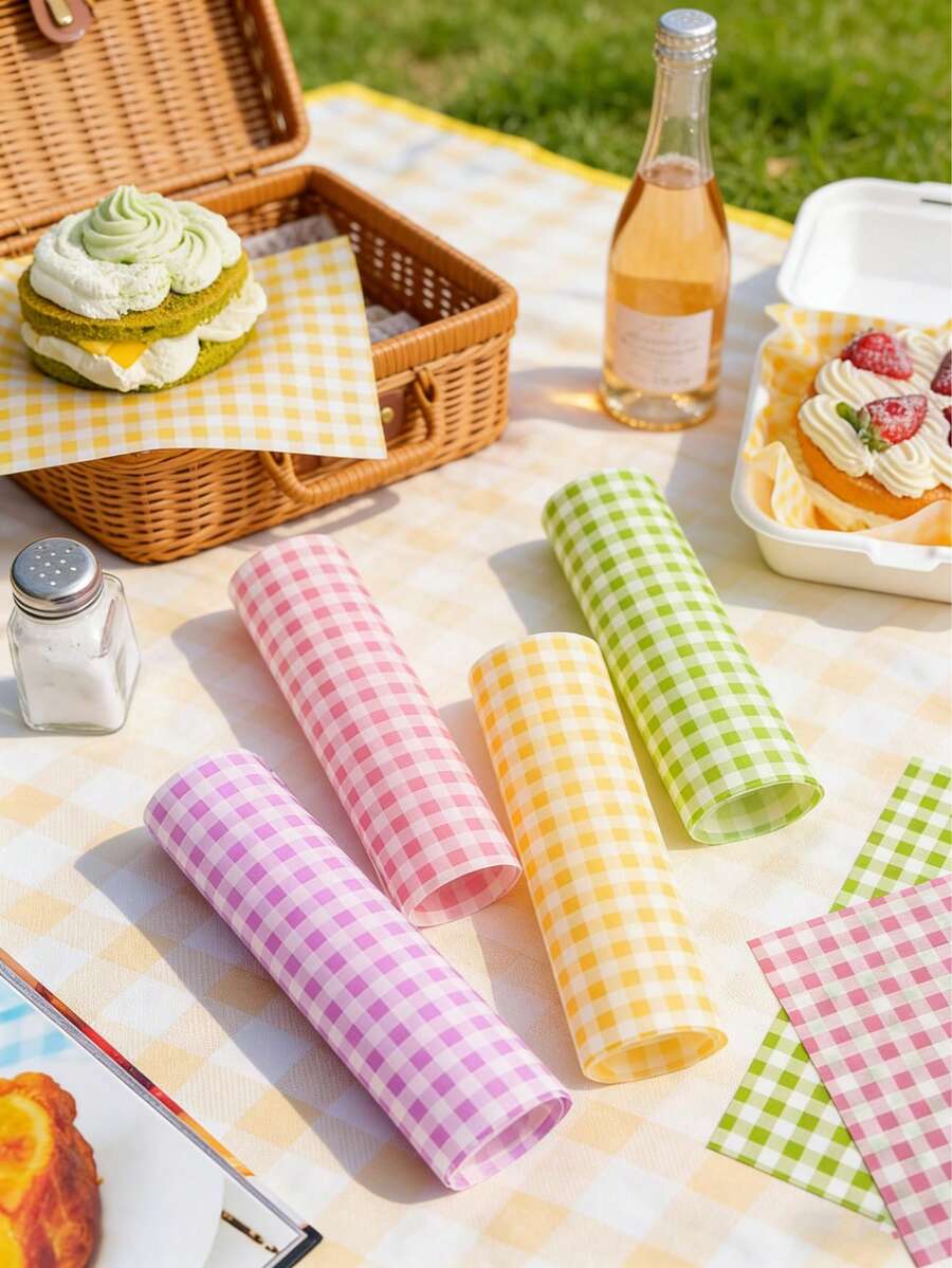 多巴胺网格图案防油防水烘焙纸，彩色不粘食品包装纸，适用于蛋糕、汉堡、三明治、空气炸锅、野餐、情人节派对等场合 - 彩色 - 查看 1