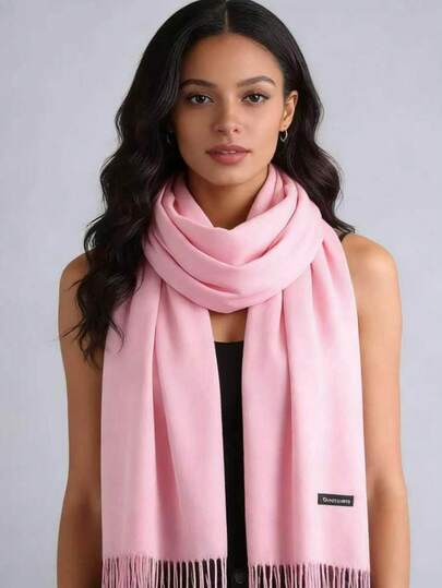 Lightweight Faux Cashmere Solid Color Elegant Polyester Scarf, Thin Faux Cashmere Red Scarf For Women, Spring Autumn Summer Air-Conditioned Room Outerwear Solid Color Long Tassel Shawl, Lightweight Faux Cashmere Scarf, Flattering & Breathable, Solid Color Tassel Neck Warmer, Spring Autumn Outerwear Large Shawl