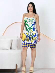 Fitted Dress With Toucan And Palm Tree Print, Beach Style, Spring And Summer, World Cup 2026 - White - View 2