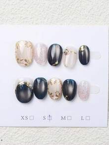 10片手工制作棕色、粉色、金色椭圆形法式美甲贴纸，可重复使用，适合女士和女孩在假期或特殊场合佩戴，手工按压式美甲贴片 - 水鴨藍 - 查看 4