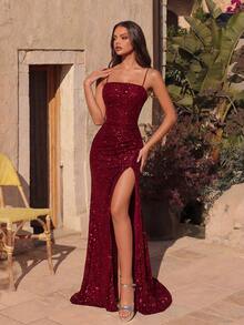 ADYCE Vestido de fiesta con tirantes de espagueti, espalda descubierta y abertura alta con lentejuelas cruzadas, adecuado para fiestas, eventos, invitados de boda, Año Nuevo - Burdeos - Ver 6