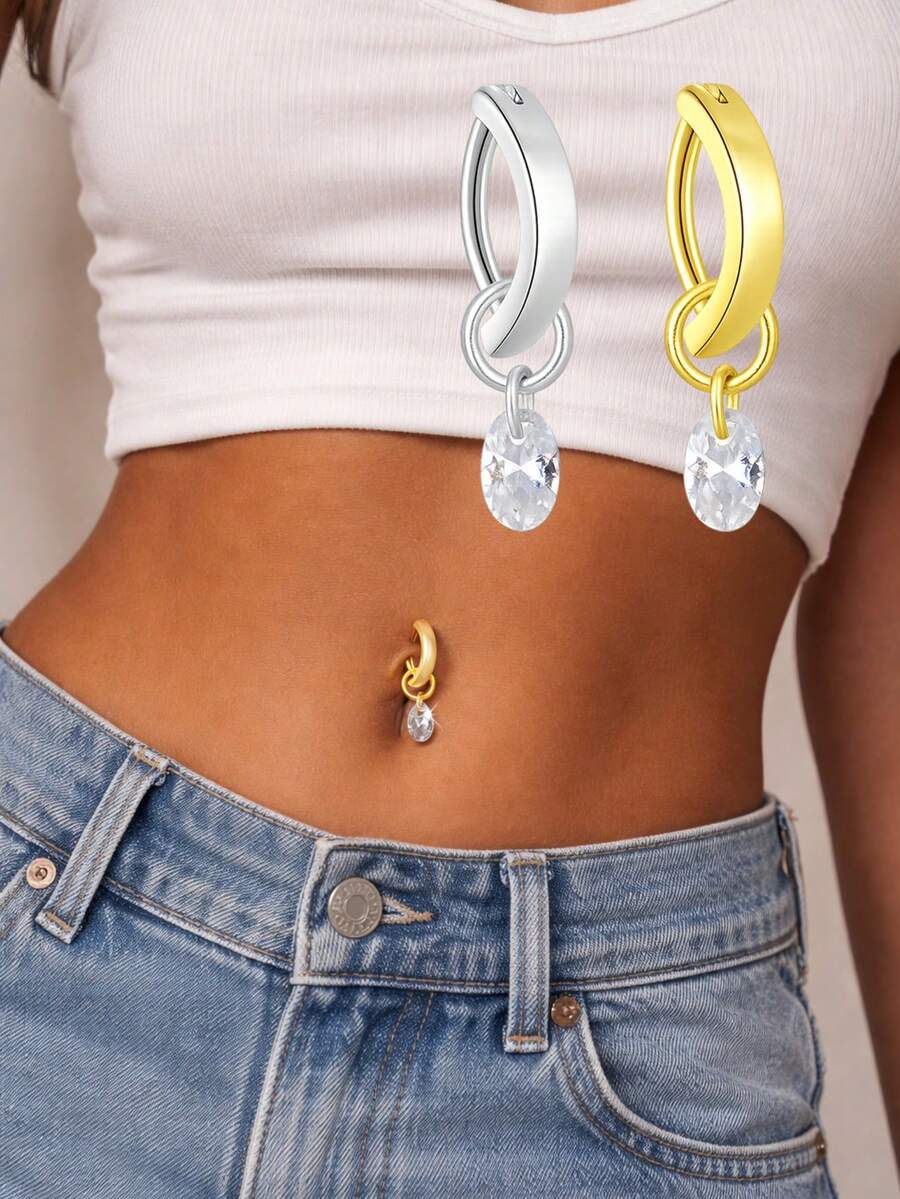 1 pieza Anillo de ombligo de plata de ley 925 con circonita cúbica ovalada, joyería de piercing de ombligo con CZ transparente - uña del ombligo - Ver 1