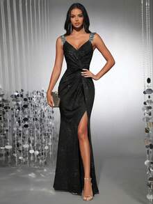 EVERPRETTY Đầm dạ hội dài xẻ tà, cổ chữ V, xếp ly, eo cao, đính sequin lấp lánh, dành cho nữ, thích hợp cho đám cưới, dạ hội, tiệc tùng, hẹn hò, kỷ niệm, năm mới, tiệc Valentine mùa xuân. - màu đen - Xem 7