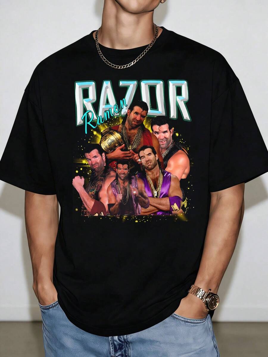 Camiseta Vintage Razor Ramon Bootleg - Collage Retro de la Leyenda de la WWE, 100% Algodón - Negro - Ver 1