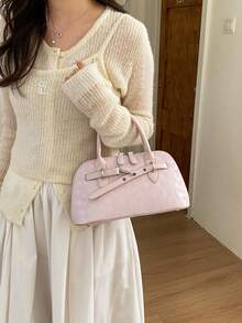 1pc Pink Solid Color Metal Lock Decor Oil Wax PU Leather 2-Way Handbag Zipper Closure Sweet Tote Shoulder Bag For Girls Daily Use - Pink - View 12