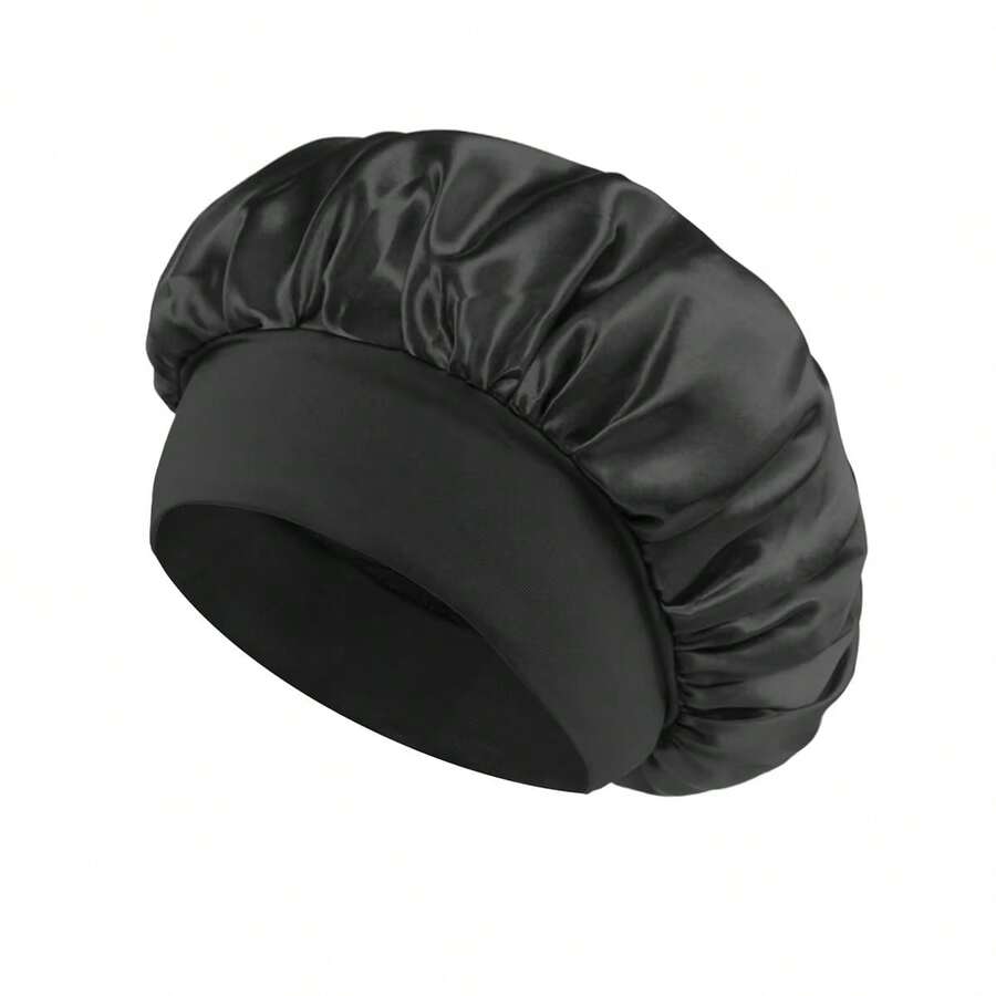 Silk Satin Bonnets For Women - Elastic Wide Band Hair Wrap Cap For Curly Hair - Shower Cap For Sleeping ,Wig Tool - Đen - Xem 1