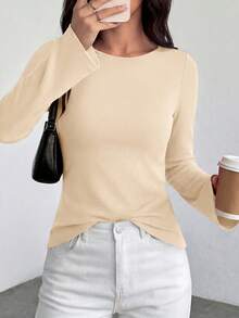Women Casual Bell Long Sleeve Boat Neck Solid Color Fitted Shirts Spring Fall Autumn Y2K Club Going Out Tops Clothes - Beige - View 5