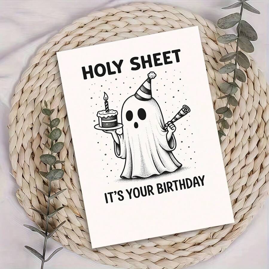 1张“Holy Sheet It's Your Birthday Funny Greeting Card – Cute Ghost With Party Hat & Cake Illustration – Included Hope – Perfect for Friends, Family, or any of any with a Playly humority for a choak and cholarly birthday Gift” - 單件 - 查看 1