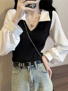 Blusa de dos piezas con cuello Polo para mujer, camisa casual estilo coreano, tops Y2K, ropa de calle suelta, suéteres femeninos elegantes, para primavera - Negro - Ver 6