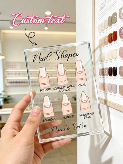 Personalized Customed Acrylic Nail Shape Display Stand-Features Classic Shapes Like Square, Squared Oval, Oval, Rounded, Almond, And Mountain Peak In A Clear Acrylic Frame. Ideal As A Meaningful Festival Or Opening Gift For Salon Professionals And Beauty Lovers. Perfect For Nail Technicians, Salon Owners, And Manicure Trainees. Suited For Placement On Reception Counters, In Styling Booths, Or For Use In Training Workshops To Enhance Customer Experience And Consultation Efficiency.