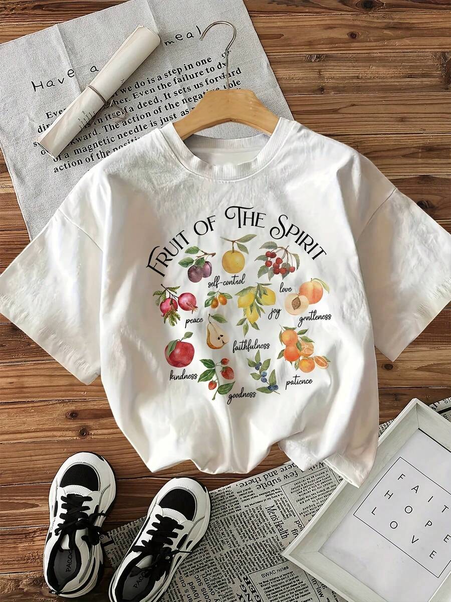 Women's Fruit Of The Spirit Graphic Print T-Shirt - Short Sleeve Crew Neck Casual Top With Virtues & Fruits Design, Soft Breathable Fabric, Machine Washable, All-Season Comfort Fit, Ladies T Shirts - 白色 - 查看 1