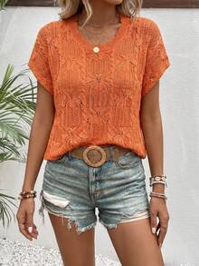 Batwing Sleeve Pointelle Knit Top - Orange - View 3