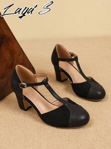 New Spring/Summer 2026 Collection: Elegant And Stylish Classic Color-Blocked High Heels In Black And Brown. T-Strap Design For A Slimming Effect. Perfect As A Gift For Mothers. Exquisite And High-End Women's Shoes. Suitable For Parties, Dances, Business Occasions, Family Gatherings, Low-Heeled Round Toe Pumps, Everyday Wear, And Dress Pairings. Suitable For Any Occasion. (Local Warehouse, Delivery As Fast As 3 Days) - màu đen - Xem 5