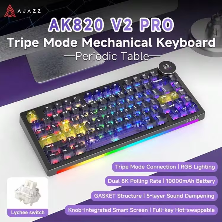 AJAZZ AK820 V2 Tri-Mode Mechanical Keyboard | 8K Polling Rate | Smart Knob | Hot-Swappable | RGB Backlight | 10000mAh Battery | Customizable Gaming Keyboard For PC Gamers - View 21