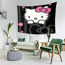 SANRIO 1件三丽鸥可爱猫咪挂毯 | 可爱卡通人物墙面装饰艺术品，粉色蝴蝶结和爱心图案，黑白条纹背景，涤纶面料，适用于客厅、卧室、宿舍 - 彩色 - 查看 5