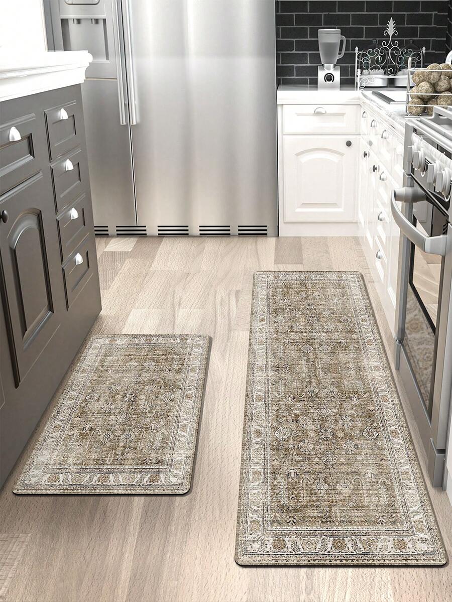 DAJIANG 1pc Bohemian Style Vintage Kitchen Rug, Non-Slip Rubber Backing, Washable Kitchen Mat, Thick Kitchen Carpet, Suitable For Hallway, Laundry Room, Holiday Decor - Multicolor - View 1