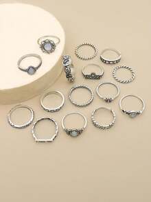 15pcs Water-drop & Butterfly Decor Ring - Antique Silver - View 2