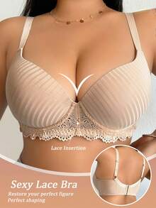 1 pieza Sujetador con aros para mujer de talla grande, lencería de talla grande cómoda y versátil con parches de encaje sexy y de soporte - Albaricoque - Ver 1