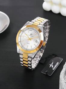 RICECGO 男士休闲石英表，金色不锈钢表带，夜光日历，多功能学生腕表，情人节或生日送给男友的礼物 - 銀間金 - 查看 11