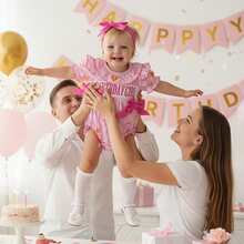 Baby Girl First Birthday Outfit 1st Birthday Cake Smocked Romper Jumpsuit One Year Clothes - 玫瑰紅 - 查看 5