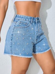 低腰阔腿休闲蓝色斜插口袋弧形菱形镶嵌女式牛仔短裤 - 淺藍色 - 查看 5